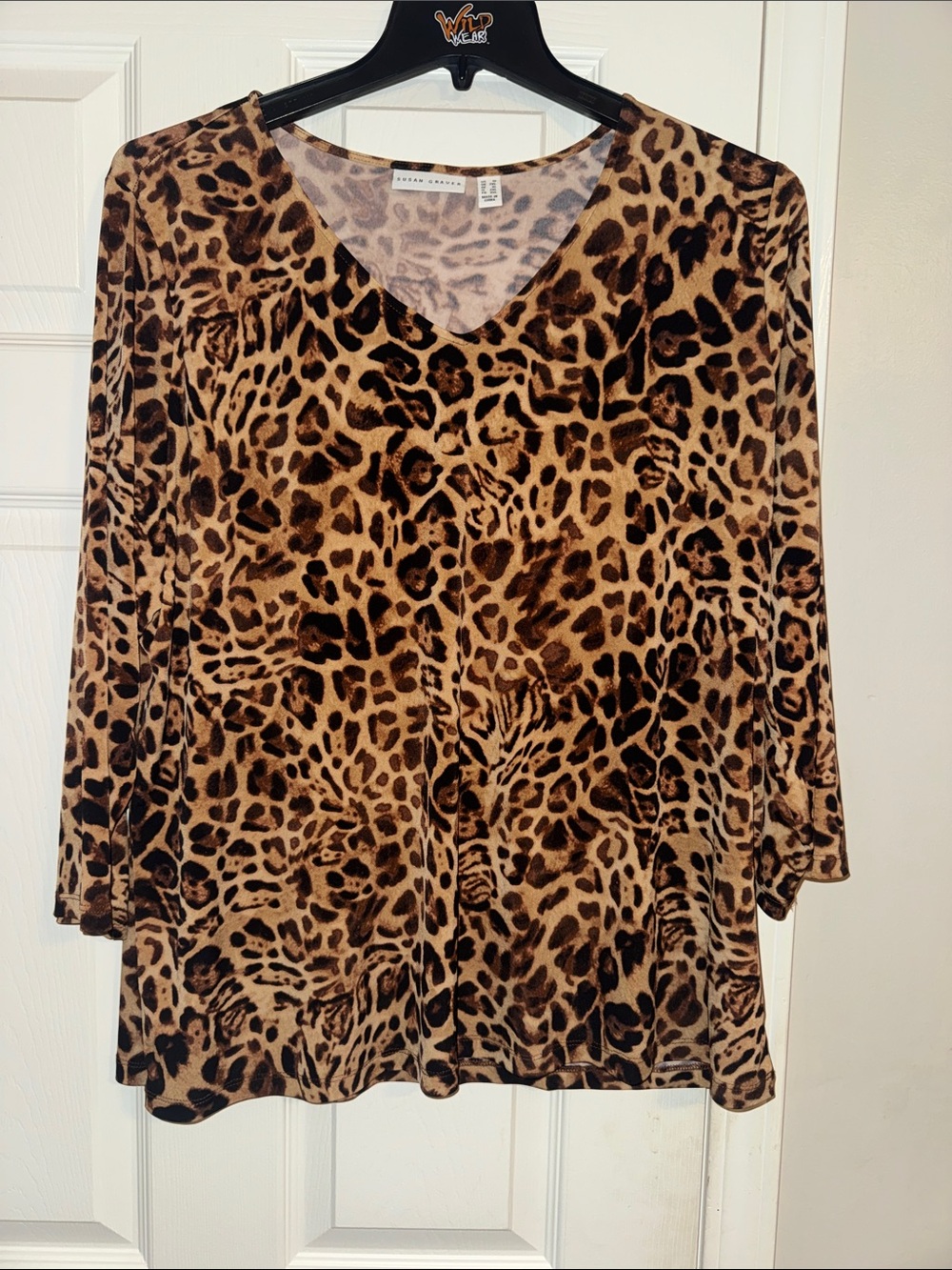 Susan Graver Leopard Print V-Neck Long Sleeve Top - Tan, Black, Brown